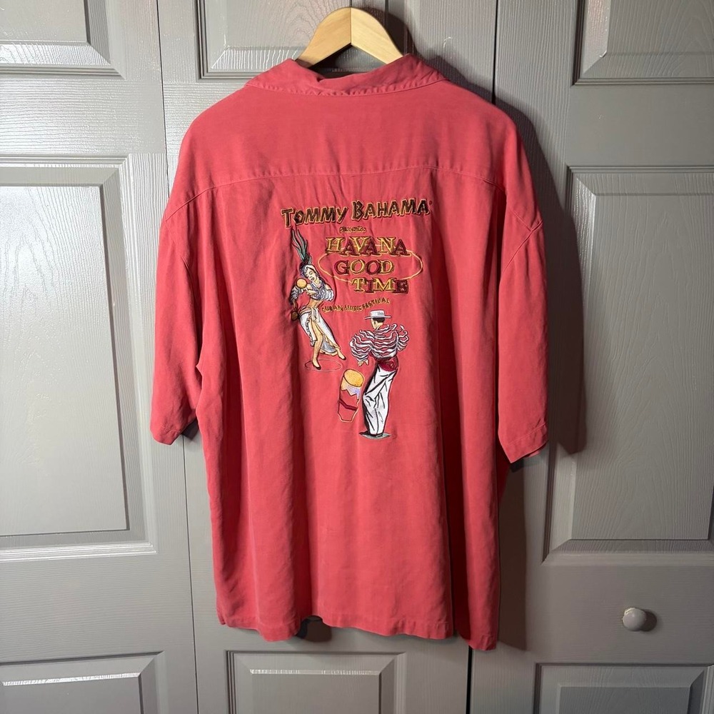 Tommy Bahama Mens XXL Red Silk Havana Good Time Cuban Music Festival Camp Shirt